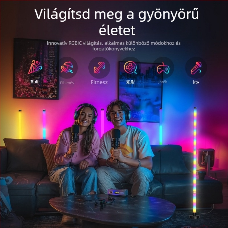 LED állólámpa hangulatfénnyel, ünnepi dekorációval és zenés ritmussal, távirányítóval, nappali és hálószoba.