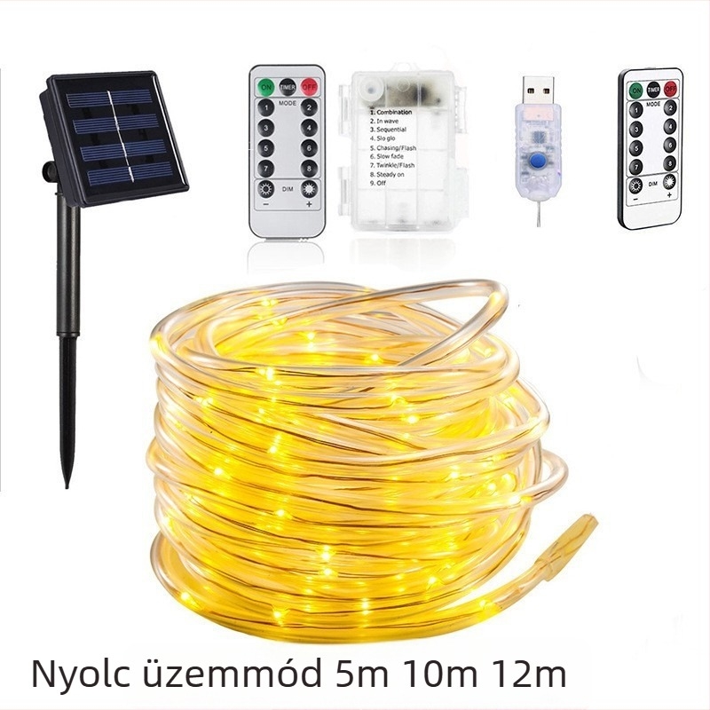 Napelemes LED gumicső fénylánc, kültéri vízálló karácsonyi dekorációhoz, udvarra, 200 LED, meleg fehér 3000K
