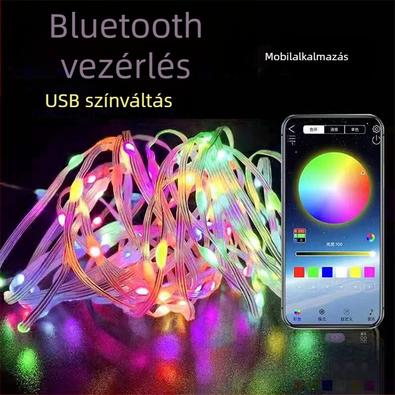 Okos Bluetooth-alkalmazással vezérelt LED szálas fényfüzér, vízálló, hangra aktiválódó, színváltó; ideális karácsonyi kültéri világításhoz, kempingezéshez és bárdekorációhoz.