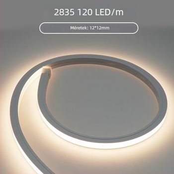 Rugalmas szilikon LED-neon szalag, vízálló kültéri reklámhoz és világítási dobozokhoz. 12V, 12W/m, 2835 LED, 120 LED/m, CRI 90, élettartam 50 000 óra