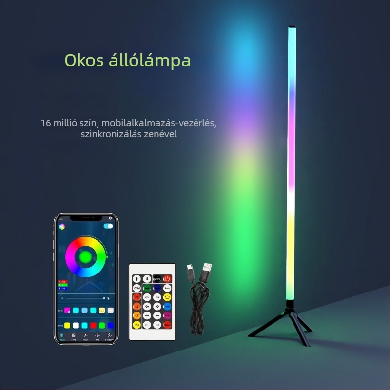 LED 5V RGB ambient állólámpa beltéri használatra, hangvezérléssel, USB tápellátással, gaming és hálószobai saroklámpa