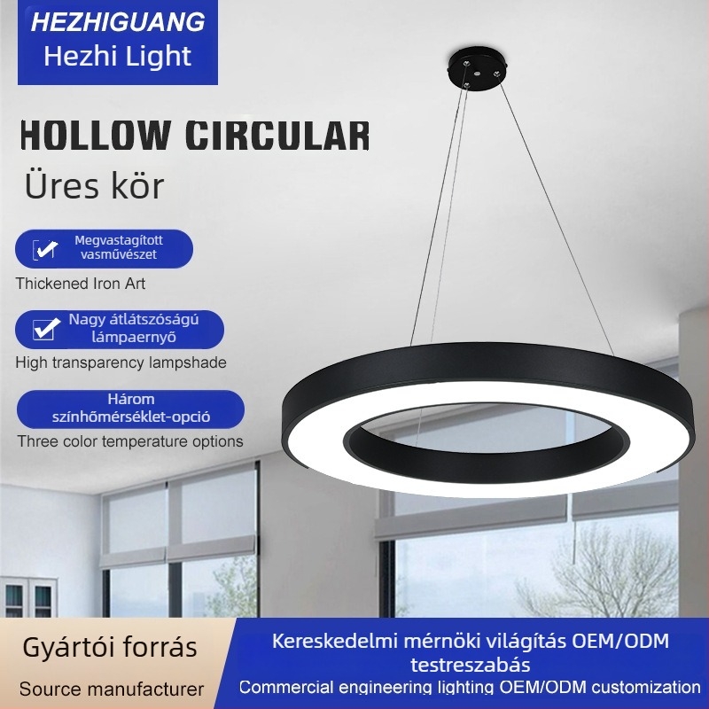 LED függőlámpa – kör alakú üreges gyűrű, vas burkolat, modern minimál stílus, átmérő 120 mm, 5000 lm, CRI ≥ 80, 24V