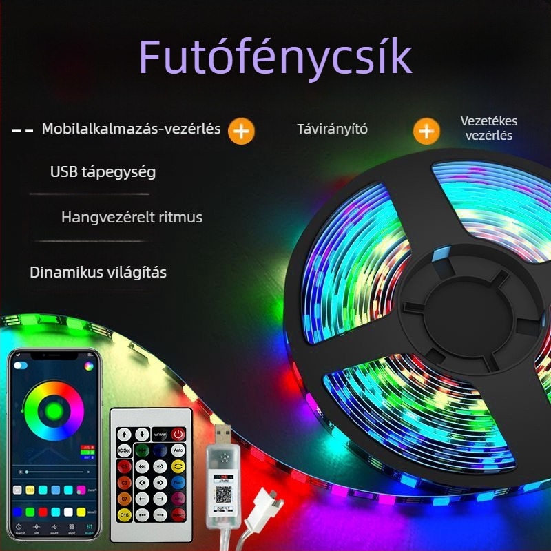 5V-os RGB LED-szalag beépített IC-vel, 5050 RGB, 5 m hosszú, 30 LED, alkalmazásvezérlés, játékszobai hangulatvilágítás