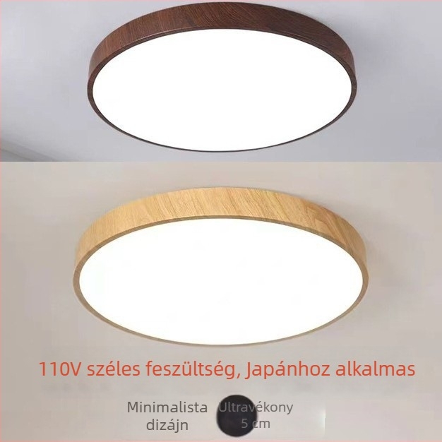 110V Fa textúrájú kerek mennyezeti lámpa diófa árnyalatú LED, lépcső nélküli fényerő-szabályozás távirányítóval – nappali és hálószoba, PSE tanúsítvány