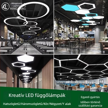 LED irodai függőlámpa geometriai formákkal: hatszög, kör, négyzet és Y-alakú gyűrű