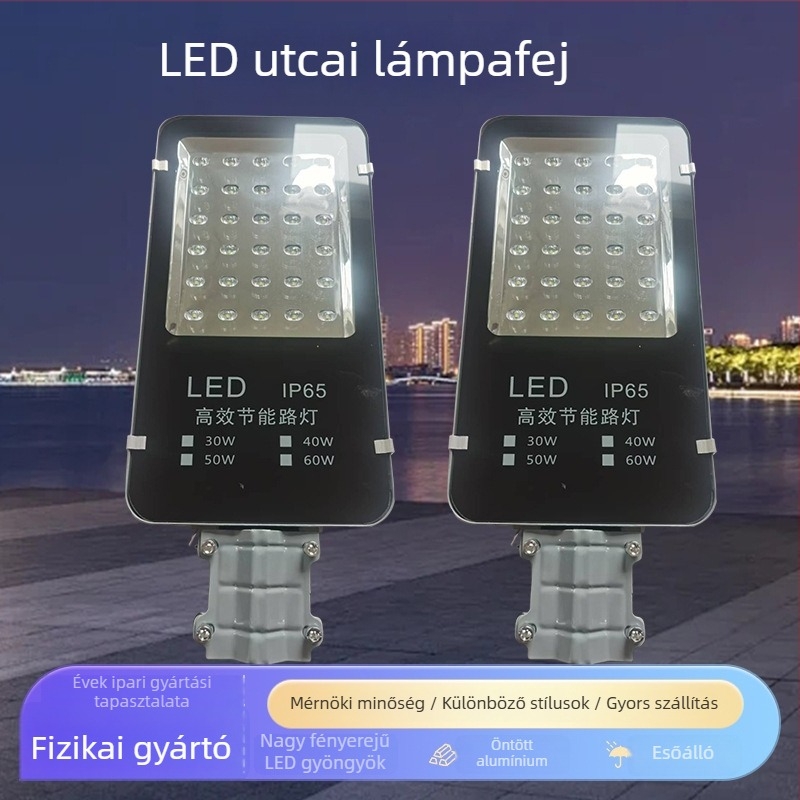 LED utcai lámpa fej 220V, kültéri vízálló, nagy fényerejű, városi utcákhoz, karos oszlopra szerelve