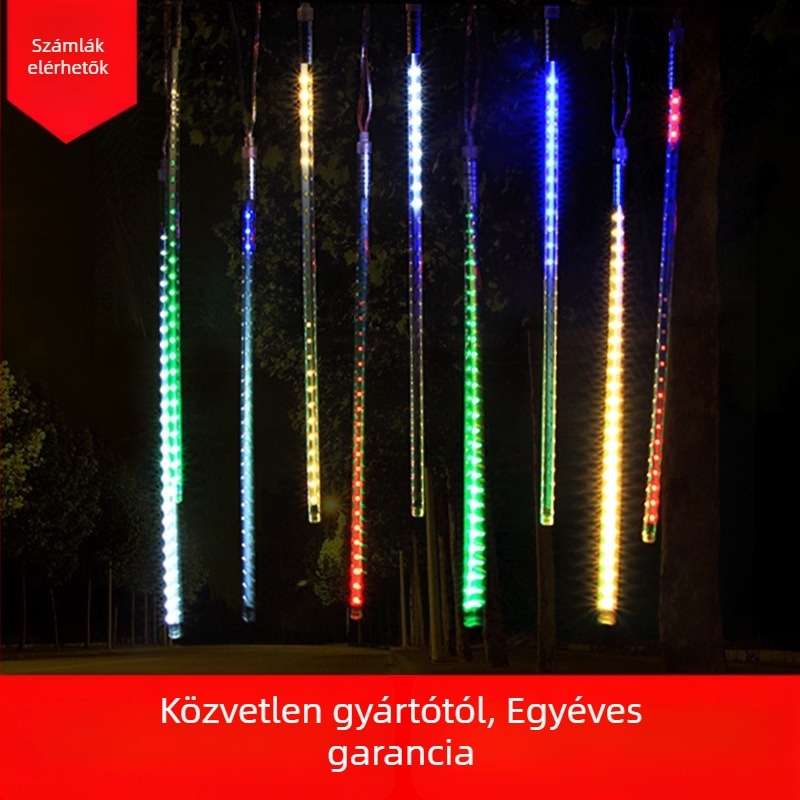 LED meteoreső fénycső, több színű, beltéri és kültéri használatra, vízálló, napelemes, faágra akasztható dekoratív fényfüzér