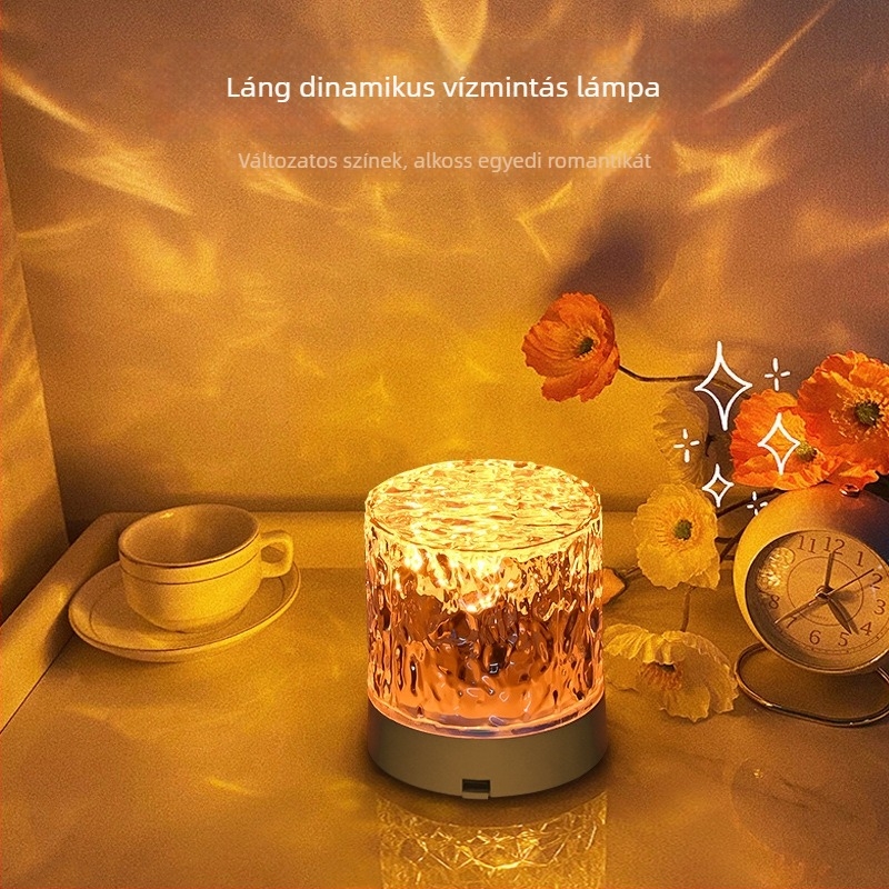 Kreatív forgó vízhullám-ambient projektoros lámpa a szobába, éjjeli fény az ágy mellé, meleg asztali lámpa alváshoz