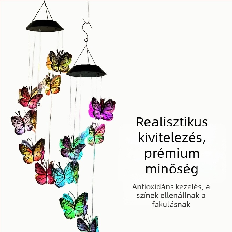 Napelemes harangfények színes pillangókkal, kültéri függő kertvilágítás, IP65, 18 pillangó