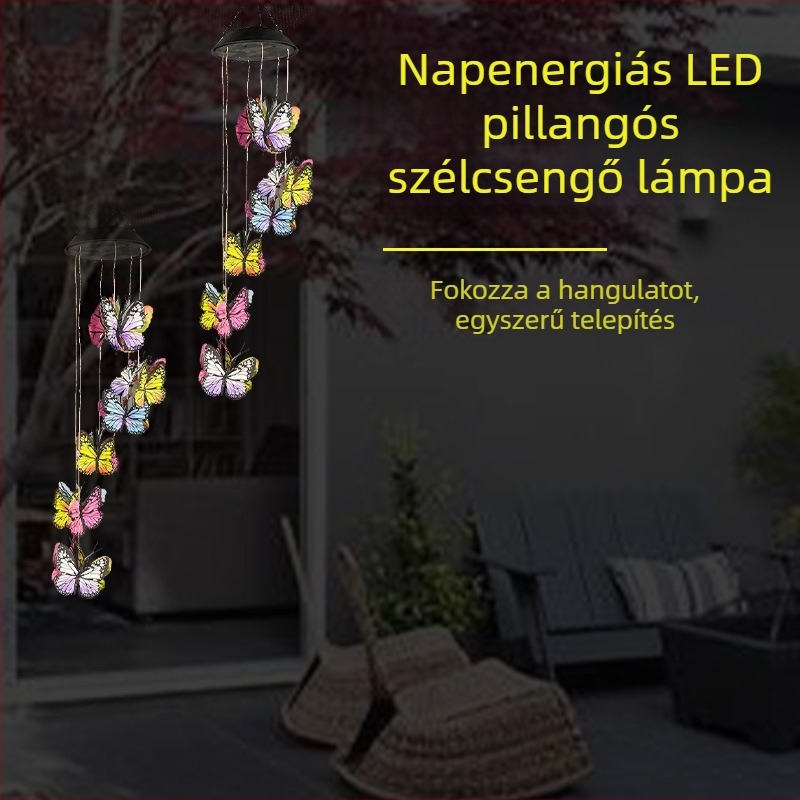 Napelemes harangfények színes pillangókkal, kültéri függő kertvilágítás, IP65, 18 pillangó