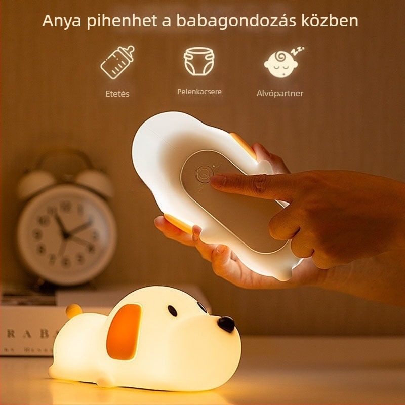 Kiskutya alakú éjszakai fény, lágy fénnyel, újratölthető LED, konnektorba dugható, szilikonból, érintéses kapcsolóval