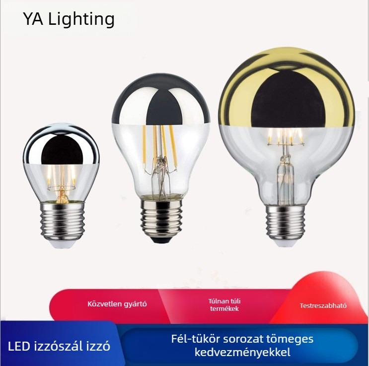 LED szálas izzó A60, fél elektroplattált gömb, 220V, E27 foglalat, dekoratív világítás ezüst csúccsal