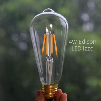 LED szálas gyertyaizzó, E14/E27 foglalat, retro üveg Edison stílusú