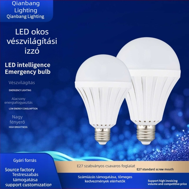 E27-es LED‑újratölthető vészvilágító izzó otthoni használatra, 5–15 W, automatikus bekapcsolódás vízzel érintkezve