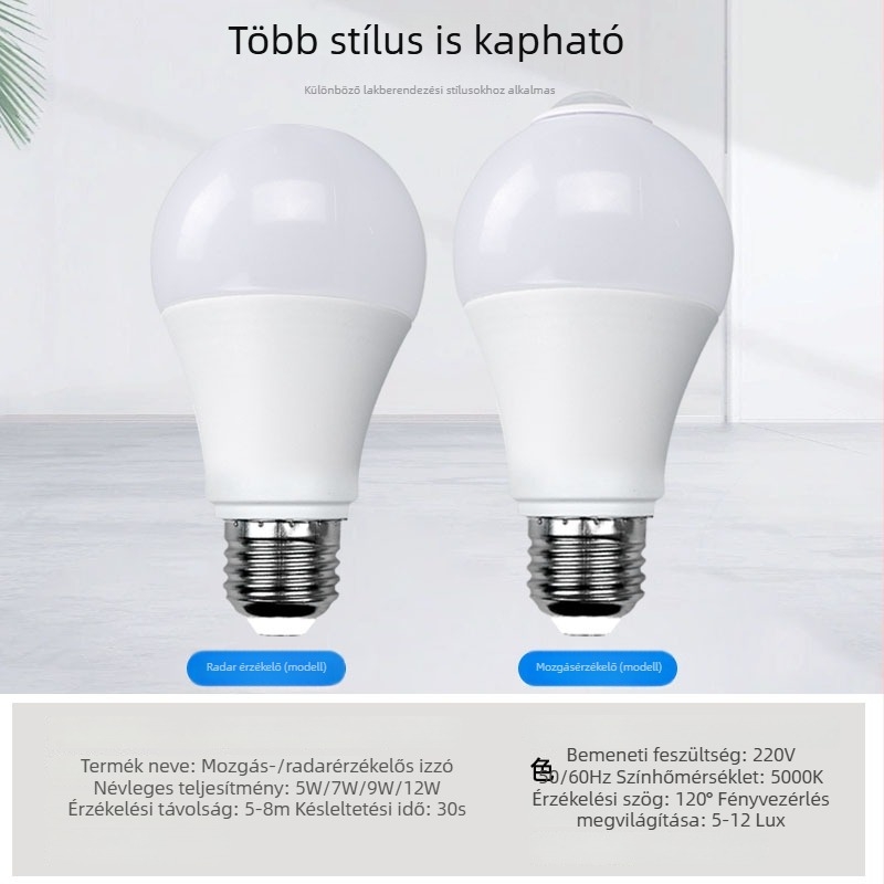E27-es LED izzó infravörös mozgásérzékelővel, folyosóhoz és lépcsőházhoz – 220V, 1080 lm, IP65