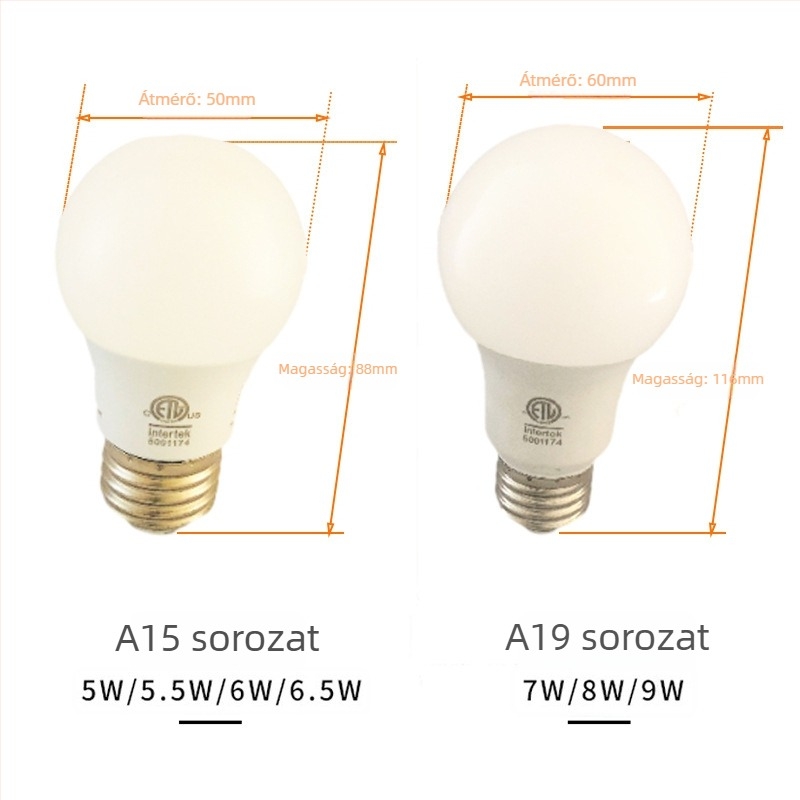 A19 LED izzó, ETL tanúsítvánnyal, amerikai szabvány, tirisztorral dimmelhető, 120V, 7-9W, A60