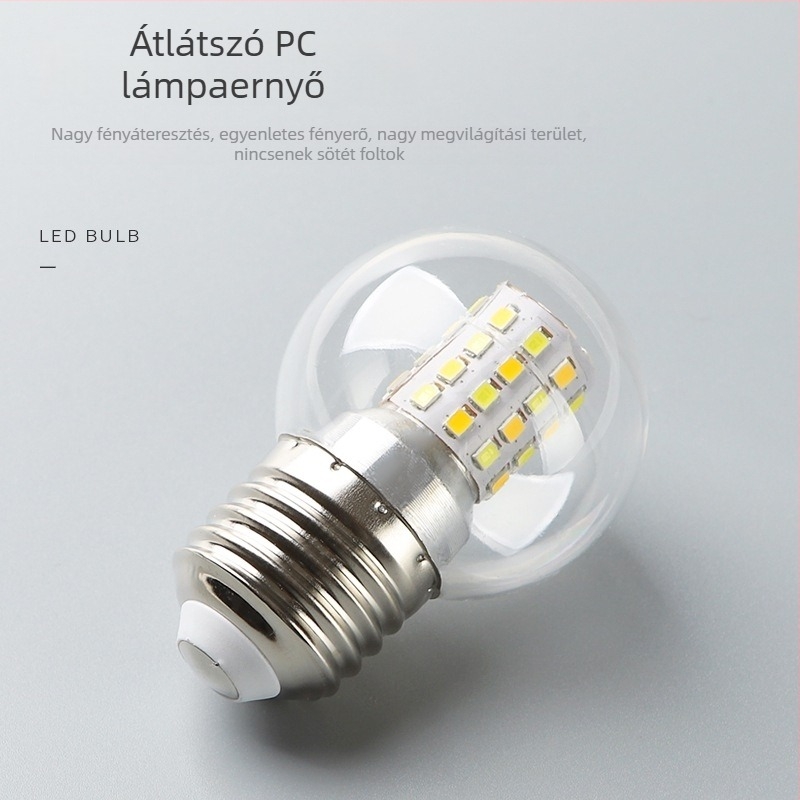 LED rendkívül fényes izzó, háromszínű váltás, E27-es menetes foglalat, átlátszó kis gömb alakú fényforrás, 5W/7W