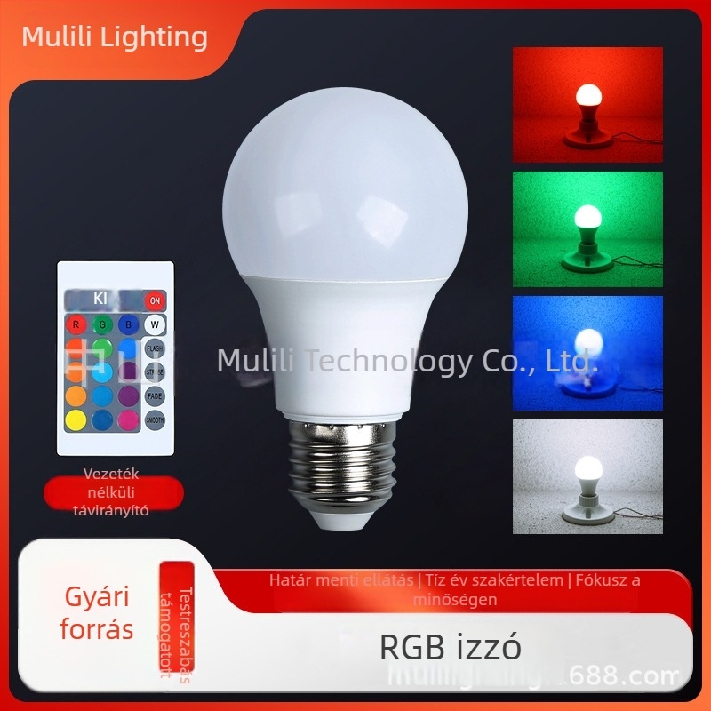 RGB színváltó izzó távirányítóval, 220V, E27 foglalat, A60, ünnepi hangulat