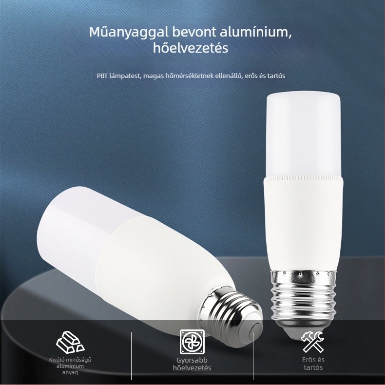 LED hengeres izzó, E27-es foglalattal, műanyag bevonatú alumínium test, nagy fényerő, energiahatékony otthoni világítás