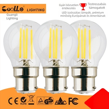 G45 átlátszó üvegből készült LED-filament lámpa, 360° fényvetés, BA22 foglalat