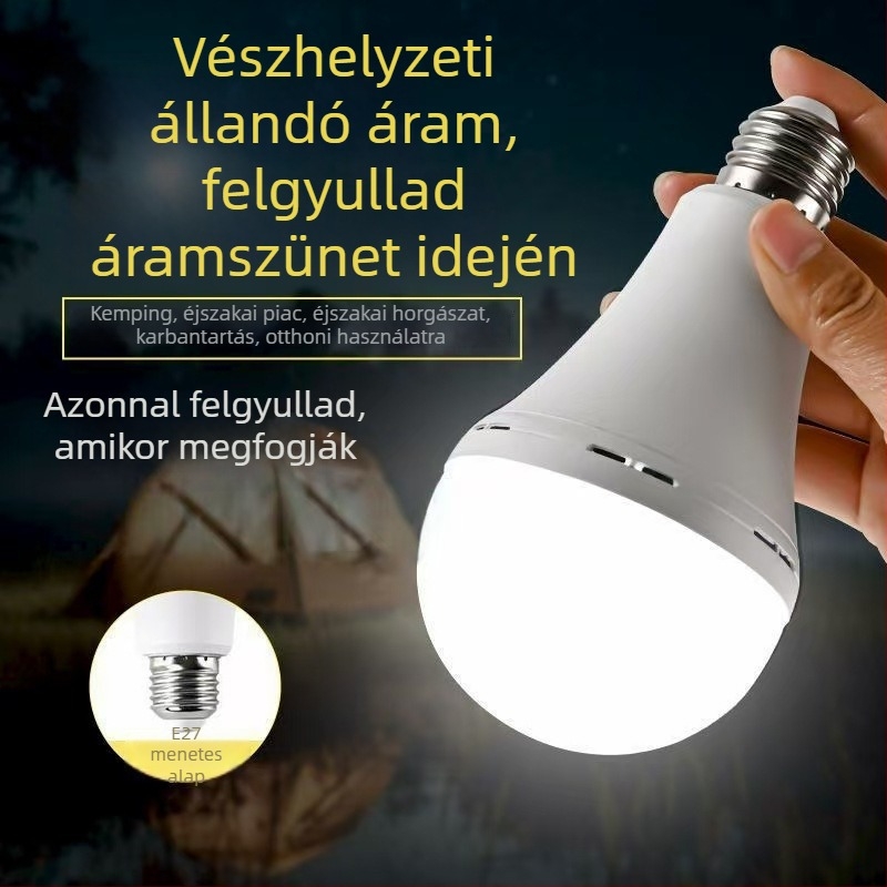 Újratölthető LED vészvilágító izzó 220V, víz által aktiválódó, széles feszültségtartomány, E27 foglalat, IP55, 110 lm, CRI 80–90, PF 0,60, 50 000 h, otthoni világítás áramszünet idején