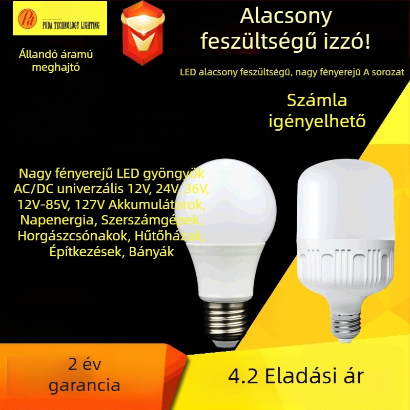 LED alacsonyfeszültségű izzó, AC/DC 12–85V, E27 foglalat, 120° fényvonal, CRI 80–90, IP54