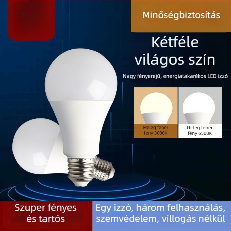 A-típusú LED-lámpa fehér fénnyel, szemvédelmi funkció, beltéri használatra, E27-es nagy menetes foglalattal, energiatakarékos