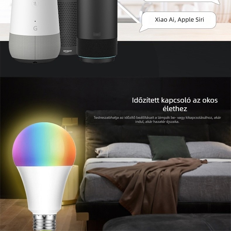 Wi-Fi és Bluetooth okos LED‑izzó, vezérlés alkalmazással, E27 foglalat, RGBWW, fényerő szabályozható