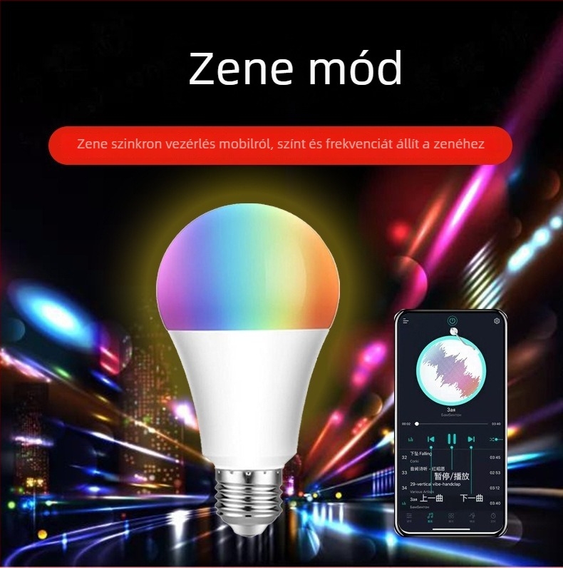 Wi-Fi és Bluetooth okos LED‑izzó, vezérlés alkalmazással, E27 foglalat, RGBWW, fényerő szabályozható