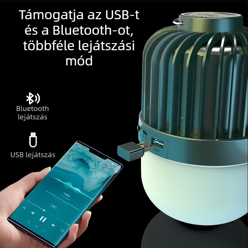 Töltőre Bluetooth zene-lámpa gömb alakú, E27 alap, otthoni és kültéri használatra, 42 LED, 1800 lm, 180°-os megvilágítás, fényerő-szabályozható, beépített Li-ion akkumulátor