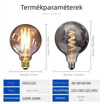G95/G125 LED filament izzó, füstszürke felülettel, 2–8W, dimmable, 220V, E27/B22, IP44, Ø95×138 mm, 20000 óra, CRI 80–90