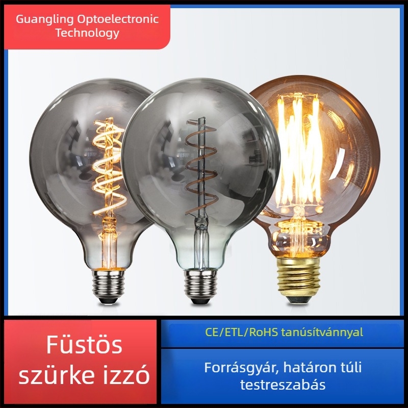 G95/G125 LED filament izzó, füstszürke felülettel, 2–8W, dimmable, 220V, E27/B22, IP44, Ø95×138 mm, 20000 óra, CRI 80–90