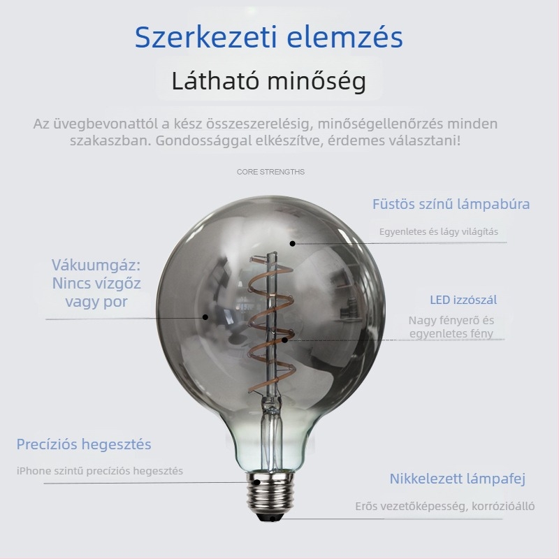 G95/G125 LED filament izzó, füstszürke felülettel, 2–8W, dimmable, 220V, E27/B22, IP44, Ø95×138 mm, 20000 óra, CRI 80–90