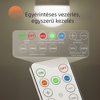 E27-es újratölthető LED izzó távirányítóval, mágneses rögzítés, háromszínű fényárnyalat-szabályozás külső vészvilágításhoz