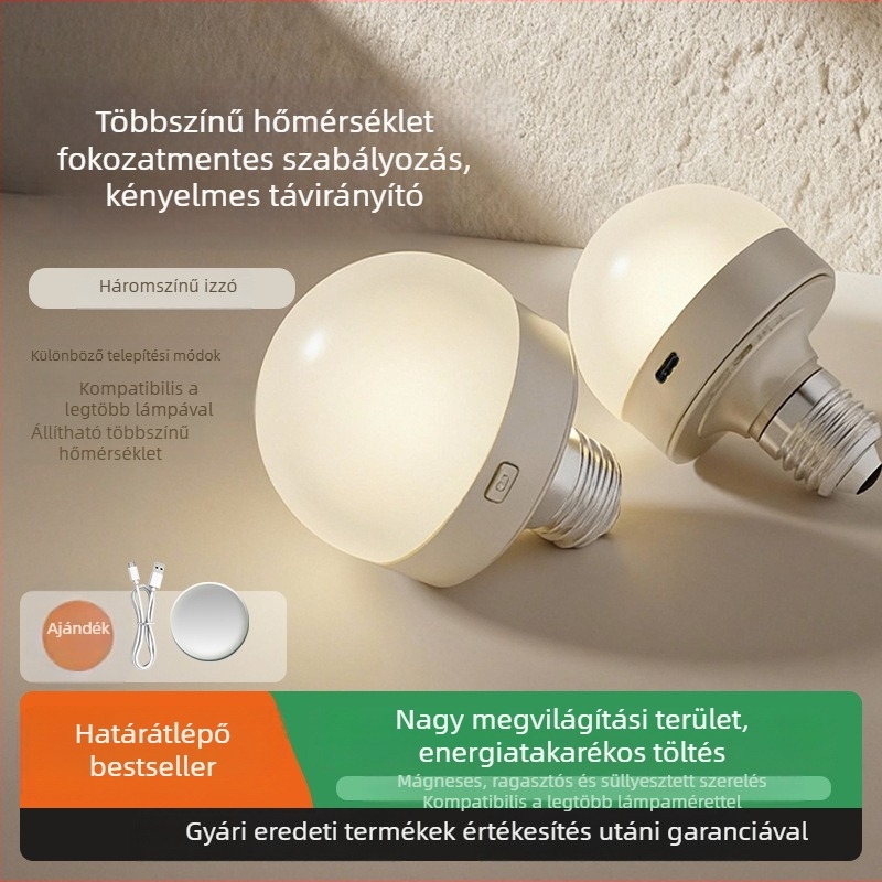 E27-es újratölthető LED izzó távirányítóval, mágneses rögzítés, háromszínű fényárnyalat-szabályozás külső vészvilágításhoz