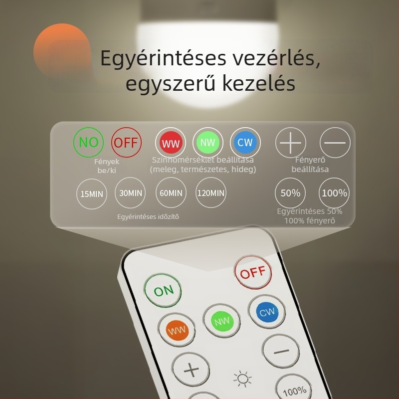 E27-es újratölthető LED izzó távirányítóval, mágneses rögzítés, háromszínű fényárnyalat-szabályozás külső vészvilágításhoz