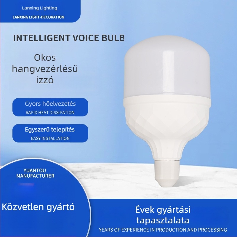 Hangvezérléses LED-lámpa, test műanyag bevonatú alumíniumtest, háromréteg védelem, E27-es foglalat, otthoni energiahatékony világítás