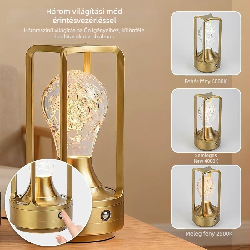 LED asztali lámpa ipari stílusban, érintéses vezérléssel és töltéssel, három színhőmérsékletű ambient világítással