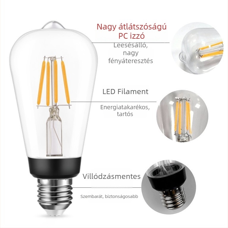 ST64 LED Edison szálas izzó, PC műanyagból, ütésálló, függőlámpa, nagy teljesítmény, retro ipari stílus