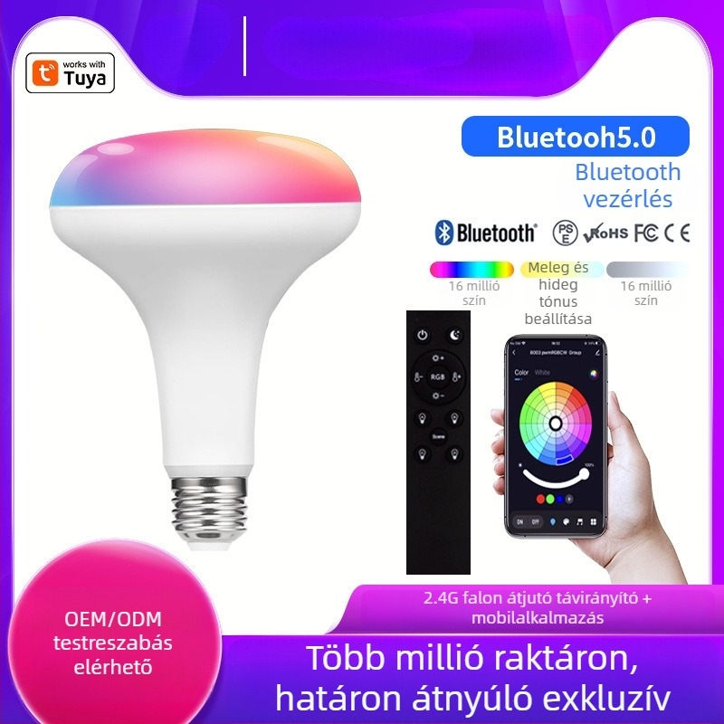 Bluetooth távirányítással ellátott LED izzó, RGB színváltó, szabályozható fényerő, meleg és hideg fehér fény, graffiti-stílusú okos izzó