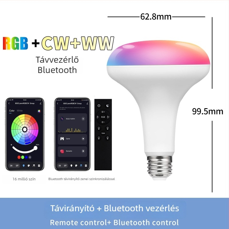 Bluetooth távirányítással ellátott LED izzó, RGB színváltó, szabályozható fényerő, meleg és hideg fehér fény, graffiti-stílusú okos izzó