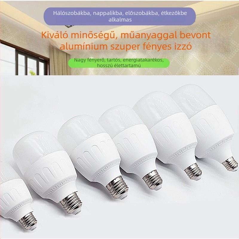 Otthoni használatra szánt LED energiatakarékos izzó, E27-es foglalattal, műanyag bevonatú alumíniumtest, rendkívül fényes