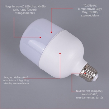 LED gömb lámpa E27, 3000 lm, 180° sugárzási szög, CRI 80–90, PF 0,6, IP55, nem dimmerelhető, méretek Ø100×180 mm, energiatakarékos, 2 év garancia, RT-QP03