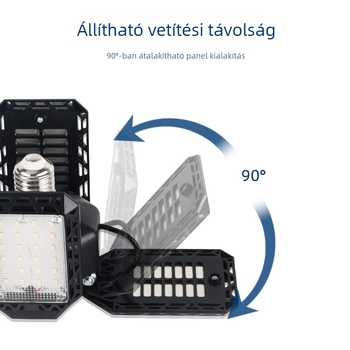 LED hajtogatható négyleveles mennyezeti lámpa garázs, raktár és üzem számára — 60W, 8000 lm, IP43, magas CRI