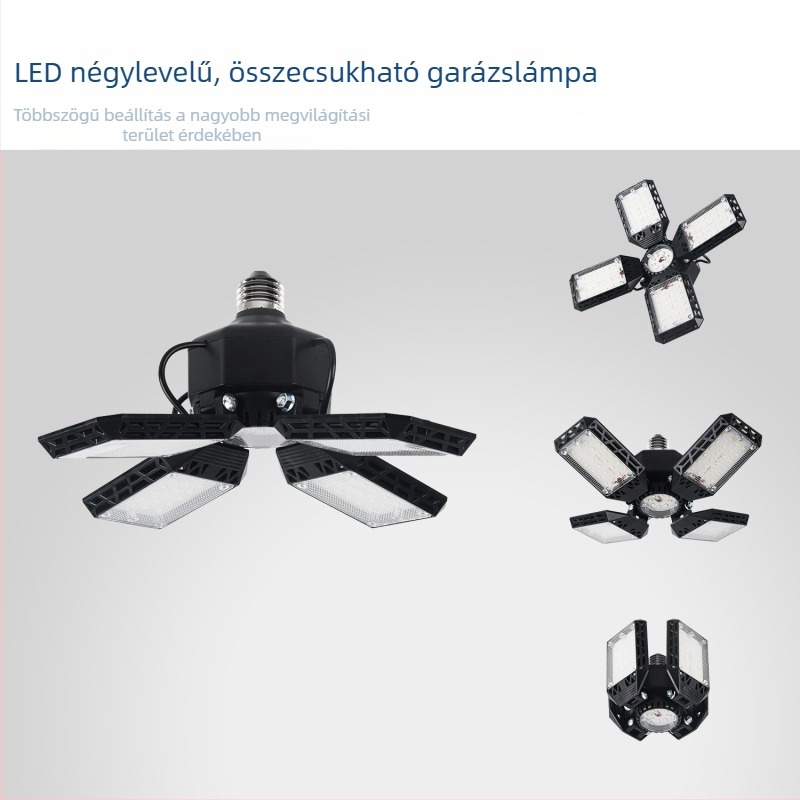 LED hajtogatható négyleveles mennyezeti lámpa garázs, raktár és üzem számára — 60W, 8000 lm, IP43, magas CRI