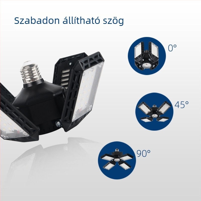 LED hajtogatható négyleveles mennyezeti lámpa garázs, raktár és üzem számára — 60W, 8000 lm, IP43, magas CRI