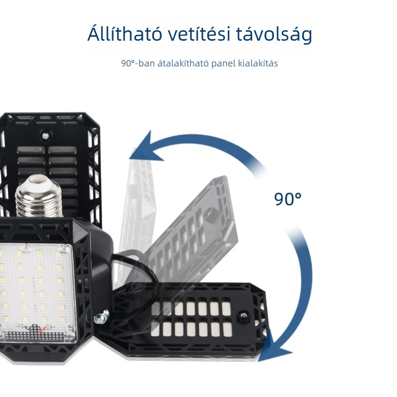 LED hajtogatható négyleveles mennyezeti lámpa garázs, raktár és üzem számára — 60W, 8000 lm, IP43, magas CRI