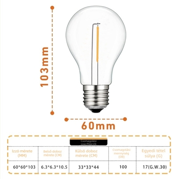 A19 műanyag ütésálló LED filament lámpa, E27 foglalattal, 3V/24V/220V, retro Edison-stílus