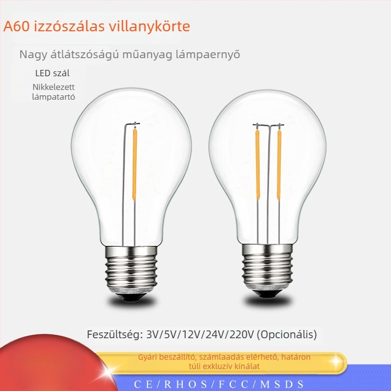 A19 műanyag ütésálló LED filament lámpa, E27 foglalattal, 3V/24V/220V, retro Edison-stílus