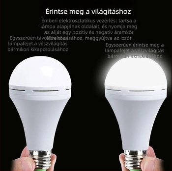 Újratölthető LED vészvilágítás lámpa E27-es foglalattal, IP54, beépített akkumulátor, 7–20W, otthoni használatra és világításra áramszünet idején